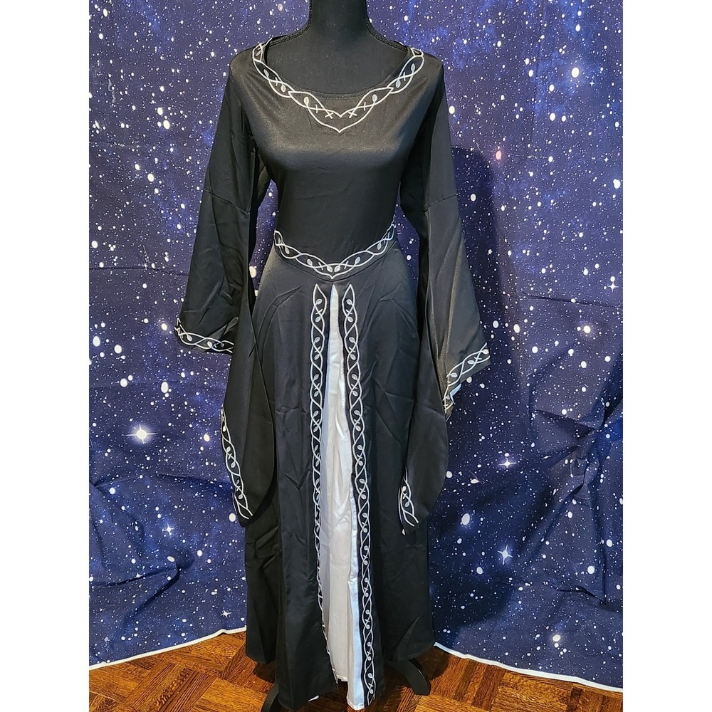 Medieval Renaissance Black Silver Embroidered Bell Sleeve Gown Costume 2XL - Picture 2 of 5